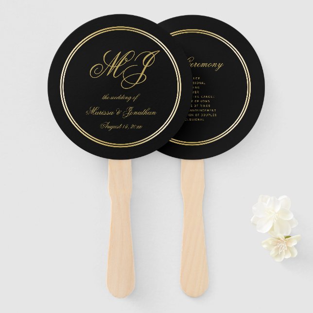 Elegant Black Gold Monogram Wedding Program Hand Fan (Front and Back)
