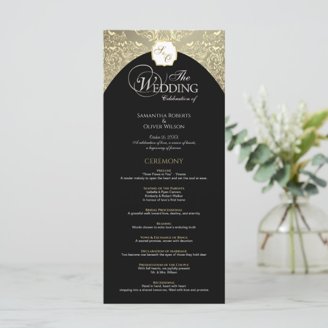 Elegant Black & Gold Monogram Wedding Program Programme (Standing Front)