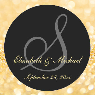Elegant Black Gold Monogram Wedding Save the Date Classic Round Sticker