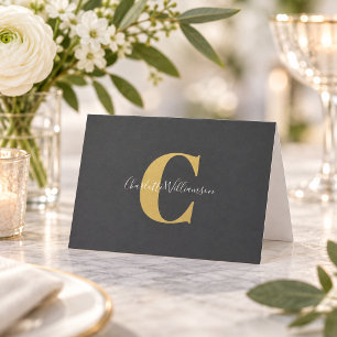 Elegant Black Gold Monogram with Script Name Thank You Card