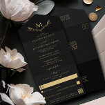 Elegant Black & Gold Monogram Wreath Wedding All In One Invitation<br><div class="desc">Celebrate in style with these elegant and very trendy wedding all-in-one wedding invitations with easy tear off RSVP card. The design is easy to personalise with your special event wording and your guests will be thrilled when they receive these fabulous all-in-one invites. If you would like any matching items, please...</div>