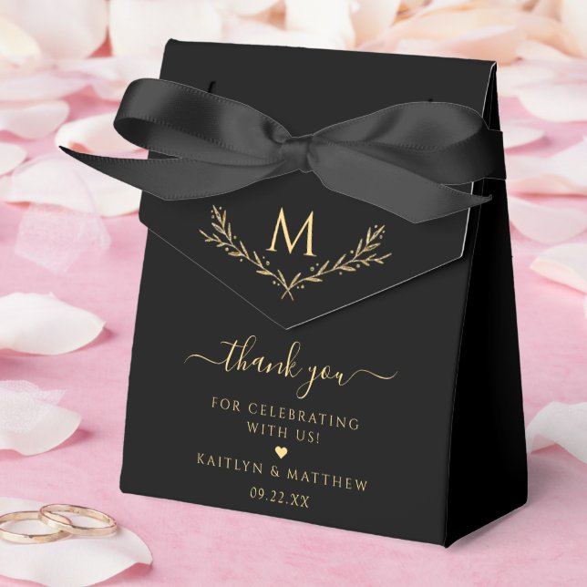 Elegant Black & Gold Monogram Wreath Wedding Favour Box (Wedding)