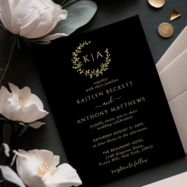 Elegant Black & Gold Monogram Wreath Wedding Invitation (Creator Uploaded)