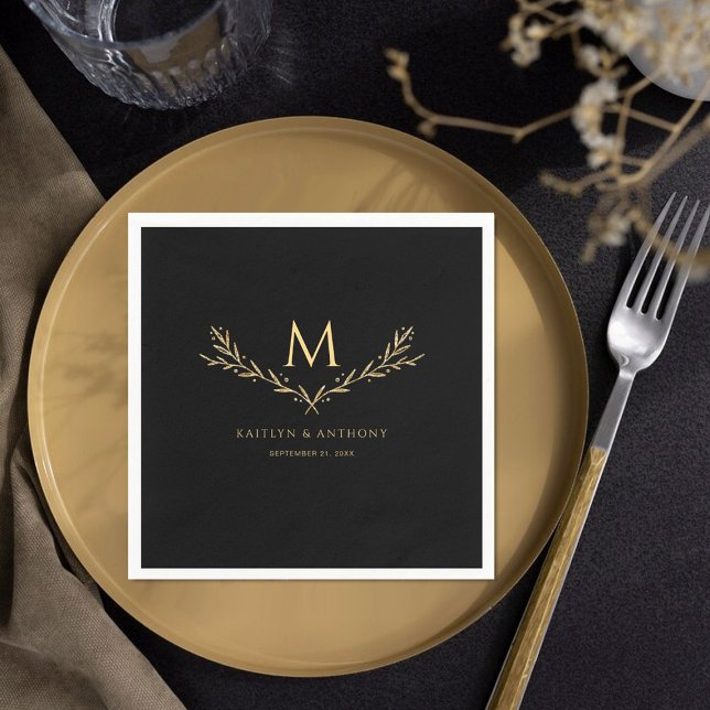 Elegant Black & Gold Monogram Wreath Wedding Napkin (Creator Uploaded)