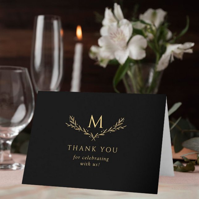 Elegant Black & Gold Monogram Wreath Wedding Photo Thank You Card (Creator Uploaded)
