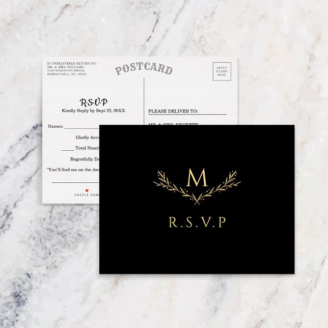 Elegant Black & Gold Monogram Wreath Wedding RSVP Invitation Postcard (Creator Uploaded)