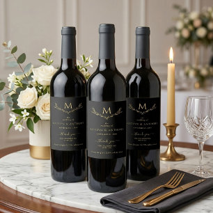 Elegant Black & Gold Monogram Wreath Wedding Wine Label