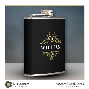 Elegant Black Gold Monogrammed Flask