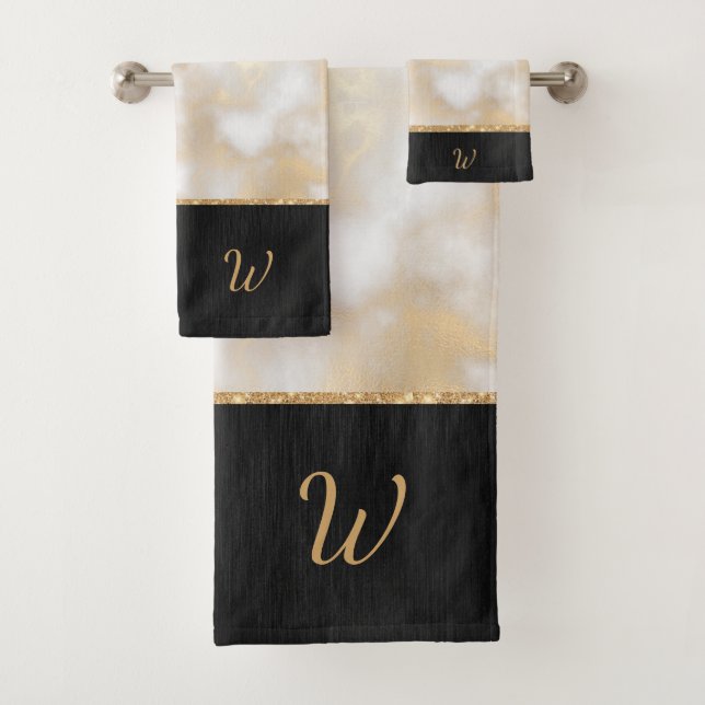 Elegant Black Gold Monogrammed Initial Bath Towel Set (Insitu)