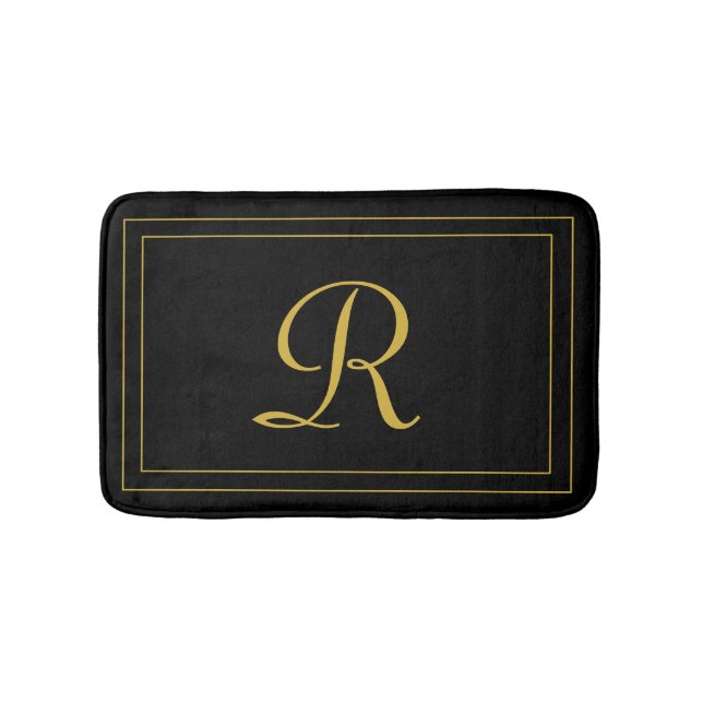 Elegant Black & Gold Monogrammed Personalised  Bath Mat (Front)