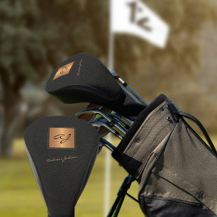 Elegant black gold monogrammed script name golf head cover