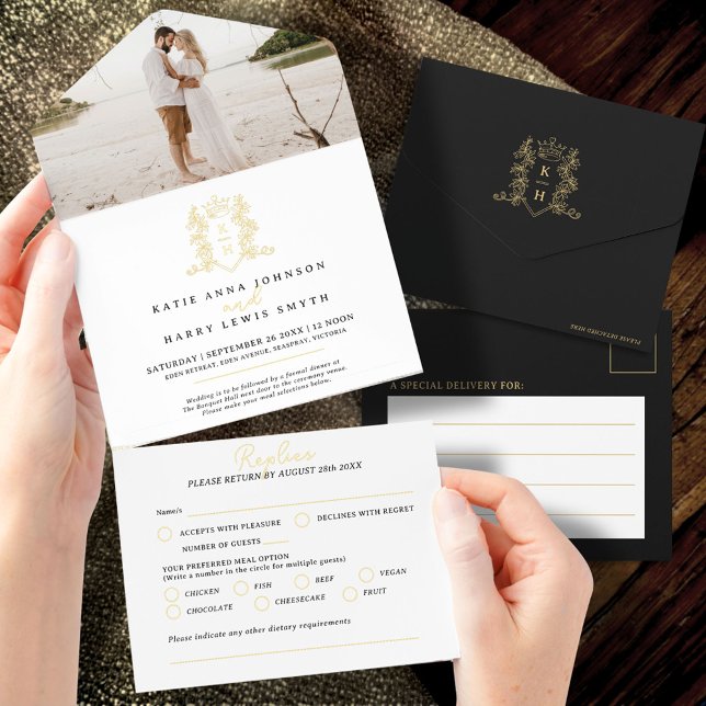 Elegant Black & Gold Monogrammed Wedding foil All In One Invitation (Creator Uploaded)