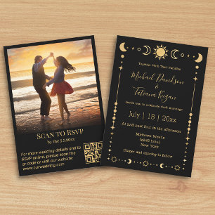 elegant black gold mystical photo qr code wedding invitation