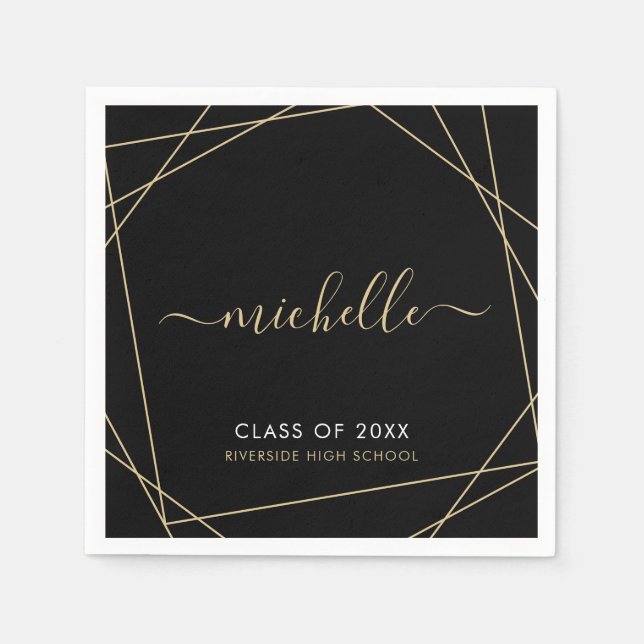 Elegant Black Gold Name Script Graduation Napkins (Front)