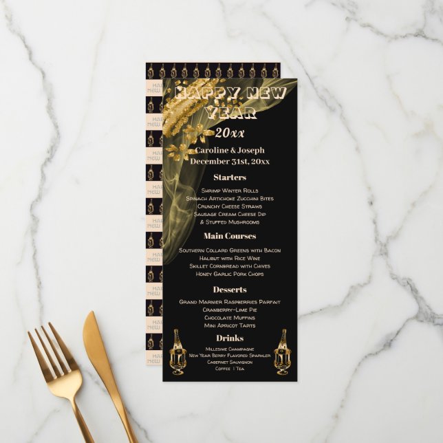 Elegant Black & Gold New Year Menu & Champagne (Front/Back In Situ)