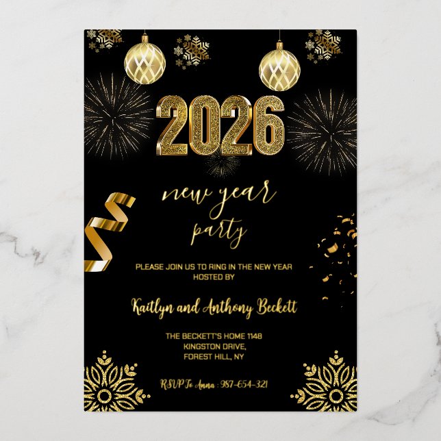 Elegant Black& Gold New Year Party Foil Invitation (Front)