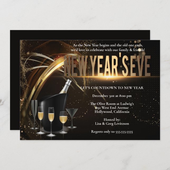 Elegant Black & Gold New Years Eve Party Invitatio Invitation (Front/Back)