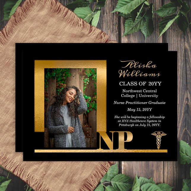 Elegant Black Gold NP Nurse Practitioner Announcement (Elegant black and gold NP graduation announcement with modern photo layout)