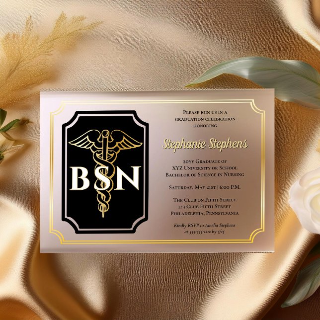 Elegant Black | Gold Nurse BSN Graduation Party Acrylic Invitations (Elegant  Black and Gold-Toned Nurse "BSN" Graduation Party Acrylic Invitations)