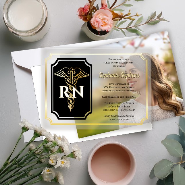 Elegant Black | Gold Nurse RN Graduation Party Vellum Invitations (Elegant Black and Gold Tone Nurse RN Graduation Announcement and Party Invitation )