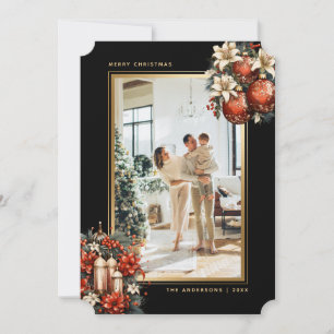 Elegant Black Gold Ornaments Photo Christmas Holiday Card
