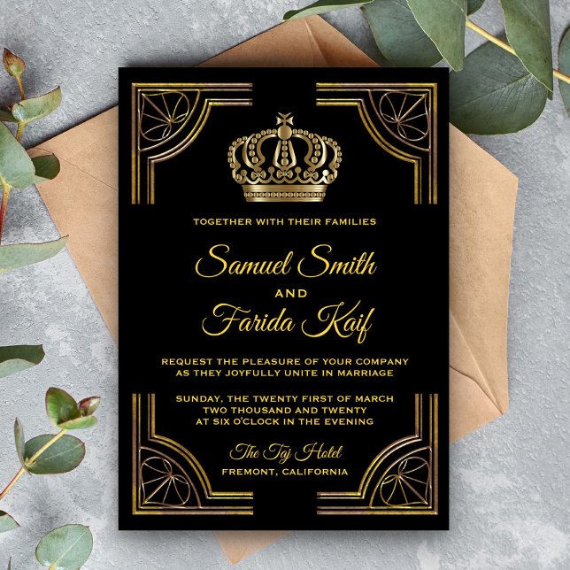 Elegant Black Gold Ornate Crown Wedding Invitation (Creator Uploaded)