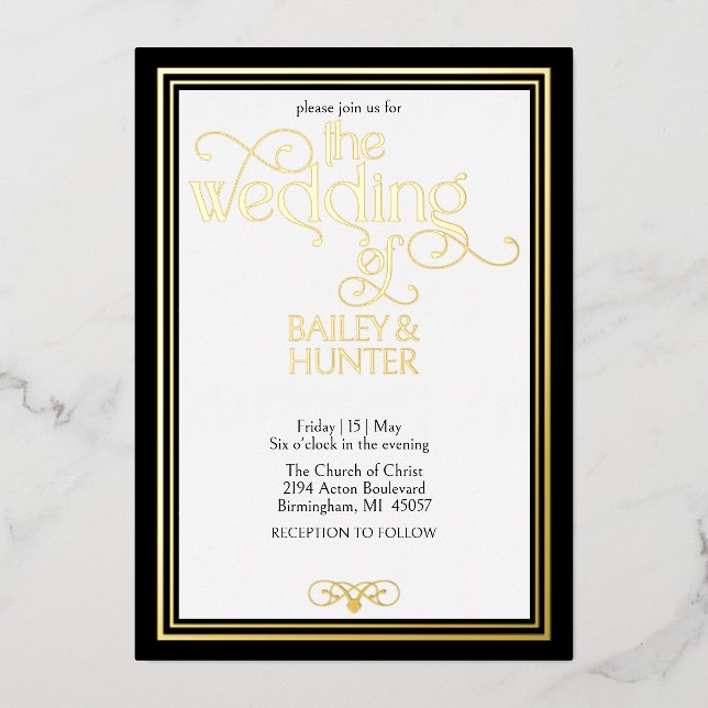 Elegant Black Gold Ornate Typography Wedding (Front)