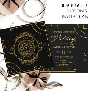 Elegant Black Gold Ornate Vintage WEDDING Invitation