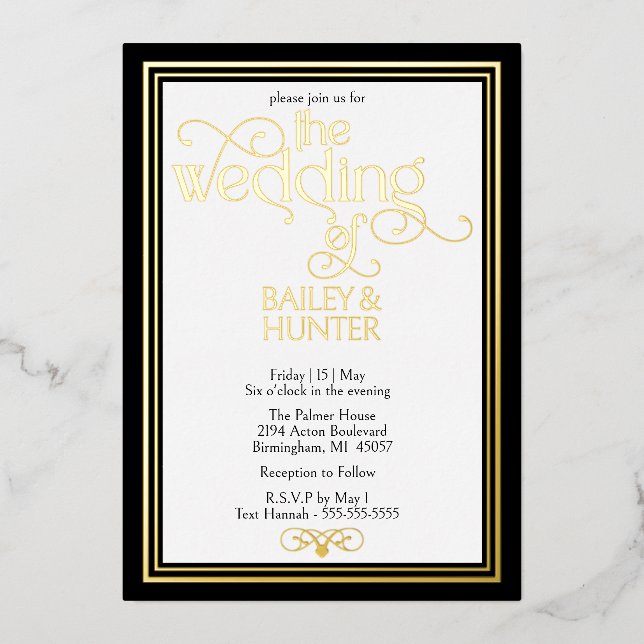 Elegant Black Gold OrnateTypography Wedding (Front)