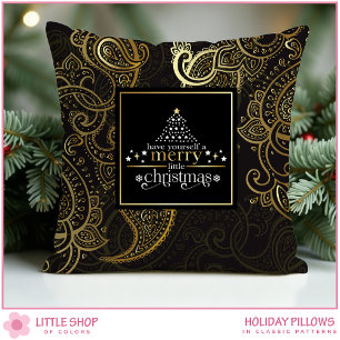 Elegant Black Gold Paisley Christmas Cushion