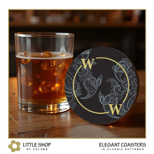 Elegant Black Gold Paisley Monogram Initial Round Paper Coaster