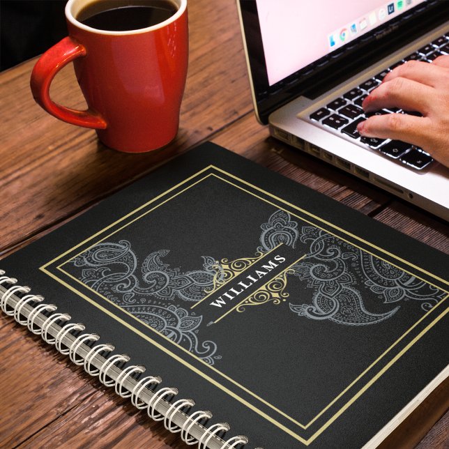 Elegant Black Gold Paisley Monogrammed Notebook (Creator Uploaded)