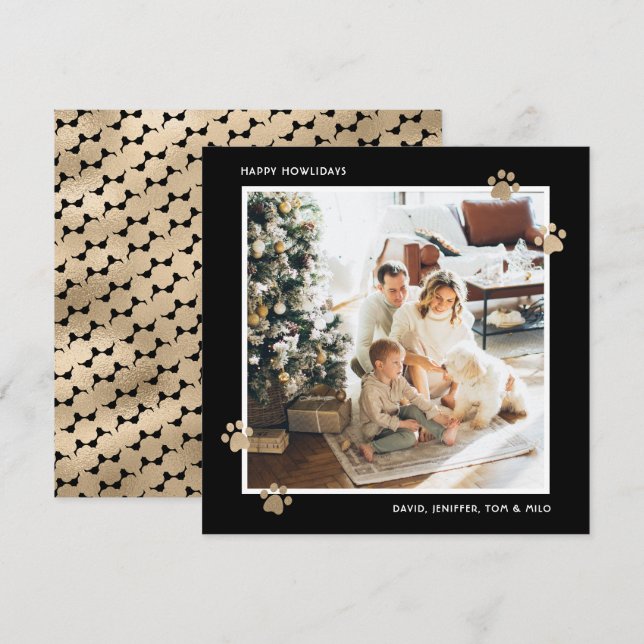 Elegant Black Gold Paw Photo Happy Howlidays Holiday Card (Front/Back)