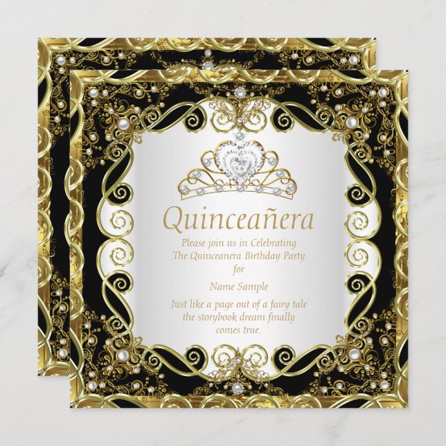 Elegant Black Gold Pearl Princess Quinceanera Invitation (Front/Back)
