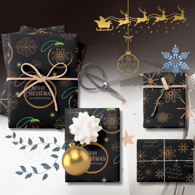 Elegant Black & Gold Personalised Christmas Wrapping Paper Sheet (Elegant Black & Gold Personalized Christmas Wrapping Paper Sheets)