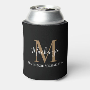 Elegant Black Gold Personalised Monogram Name Can Cooler