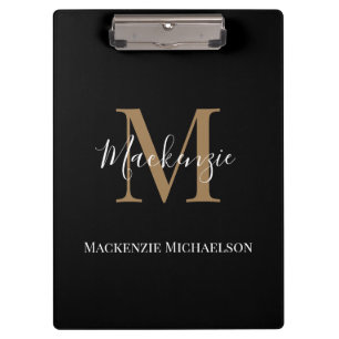 Elegant Black Gold Personalised Monogram Name Clipboard