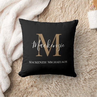 Elegant Black Gold Personalised Monogram Name Cushion