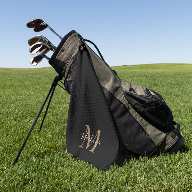Elegant Black Gold Personalised Monogram Name  Golf Towel (Green)
