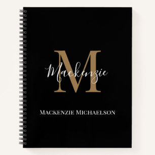 Elegant Black Gold Personalised Monogram Name  Notebook