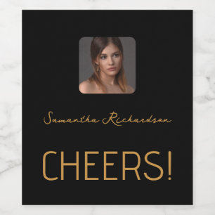Elegant Black Gold Personalised Photo Name Script Wine Label