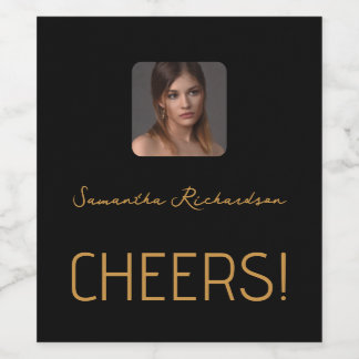Elegant Black Gold Personalised Photo Name Script Wine Label