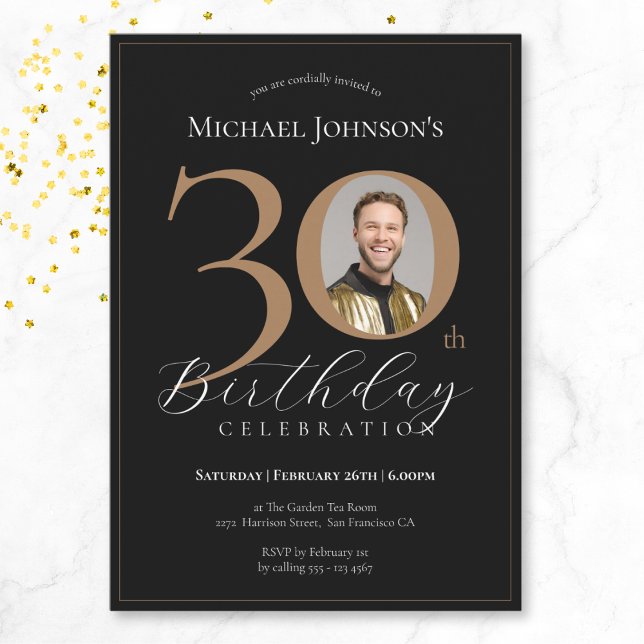 Elegant Black Gold Photo 30th Birthday Invitation (Mockup View)