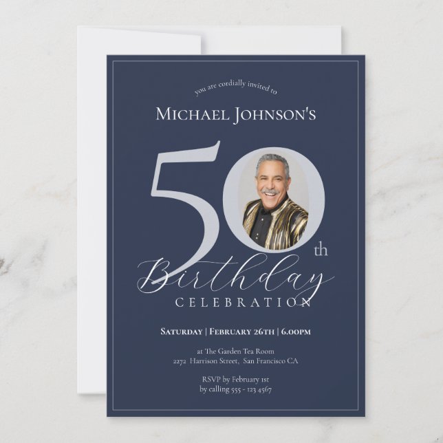 Elegant Black Gold Photo 50th Birthday Invitation (Front)