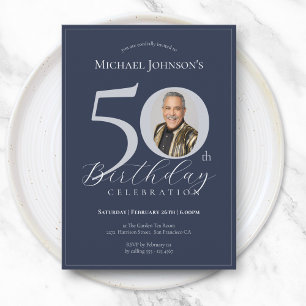 Elegant Black Gold Photo 50th Birthday Invitation