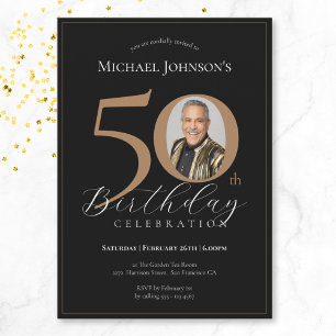 Elegant Black Gold Photo 50th Birthday Invitation