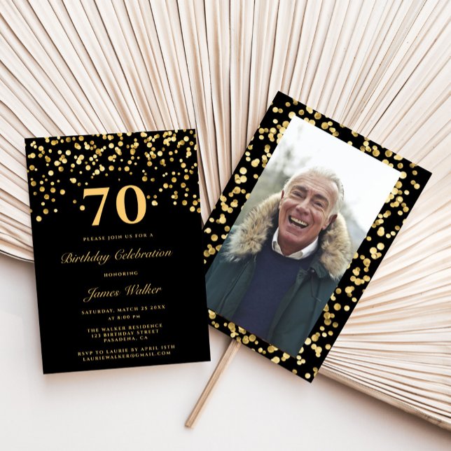Elegant Black Gold Photo 70Th Birthday Party  Invitation (Creator Uploaded)