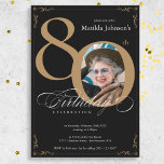 Elegant Black Gold Photo 80th Birthday Party Invitation<br><div class="desc">Elegant Black Gold Photo 80th Birthday Party Invitation. An elegantly designed special birthday celebration invitation,  featuring a custom photo of birthday person and script calligraphy with vintage flourish elements. Simple enough to fit a variety of themes and colours!
Need help? Simply contact me!</div>