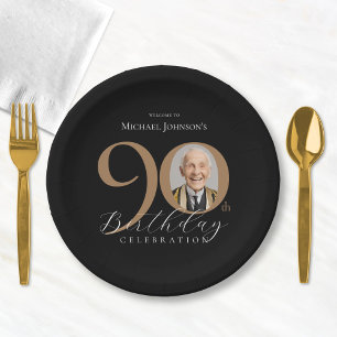 Elegant Black Gold Photo 90th Birthday Party Paper Plate