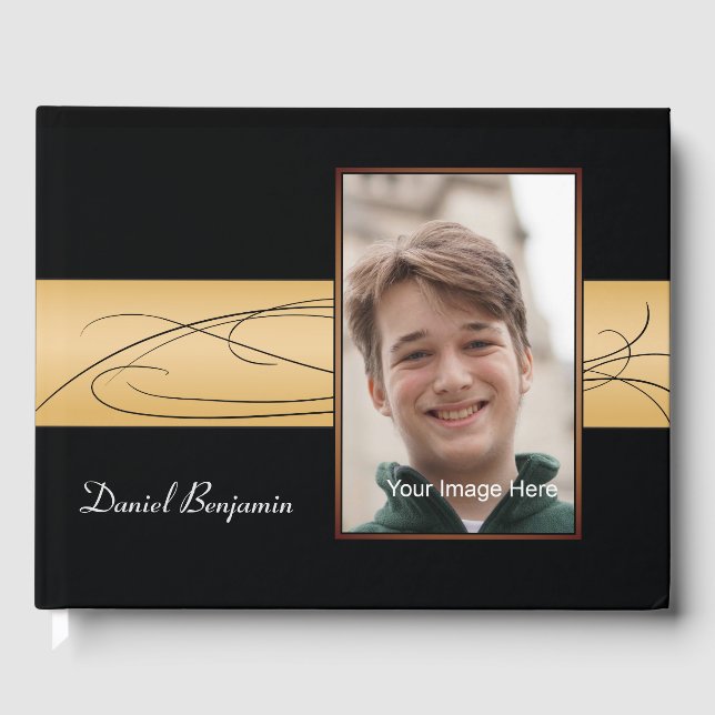 Elegant Black Gold Photo Bar Mitzvah Guest Book (Front)